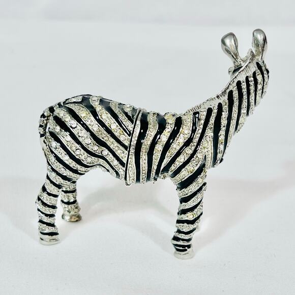 Zebra Shaped Ceramic Hinged Trinket Box Porcelain Crystals Black Silver Blue Eye - Picture 3 of 9